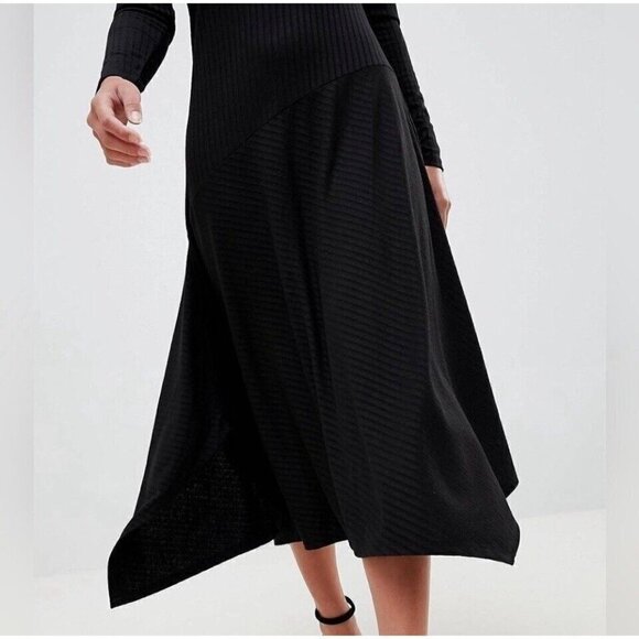 ASOS Black Maxi Dress Women's Size 6 Asymmetrical Tiered Long Sleeve Scoop Neck - Picture 2 of 9